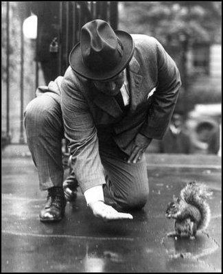 Secretary of the Navy Denby pictured here trying to feed Harding's pet squirrel, Pete. 