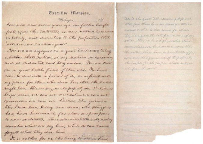 The "Nicolay Copy," earliest known handwritten version of the Gettysburg Address. 