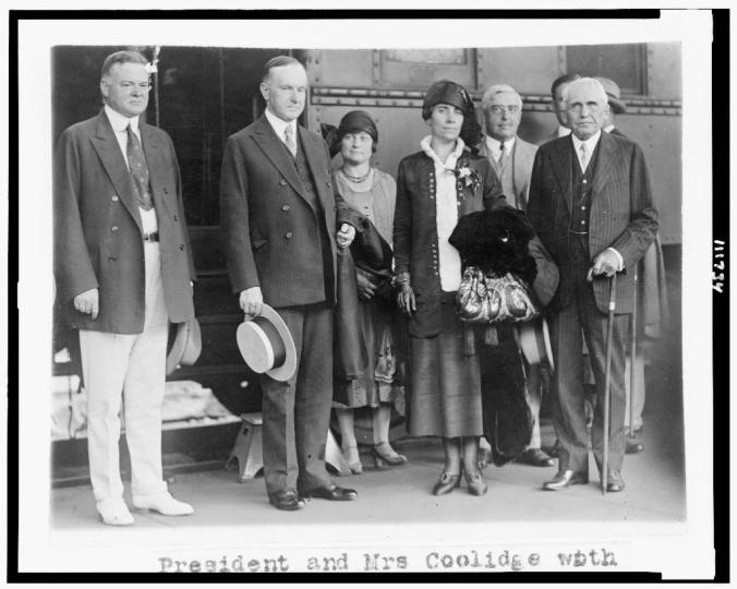 President and Mrs. Coolidge returning from summer in Swampscott, MA, with Secretary of Commerce Herbert Hoover and new Secretary of State, Frank B. Kellogg, 1925. 