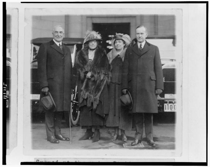 President and Mrs. Harding beside the Coolidges outside Union Station en route to the Inauguration, March 1921. 