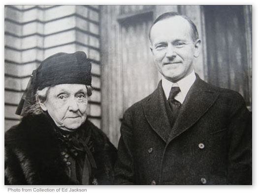 Vice President Coolidge, just after taking the oath of office, is snapped next to Rebecca Felton, the overtly prejudiced Senator from Georgia, November 21, 1922. 