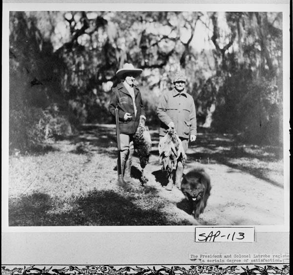 President Coolidge and Colonel Latrobe, unsuccessful at quail, do shoot a few pheasants during the hunt, Sapelo Island. 