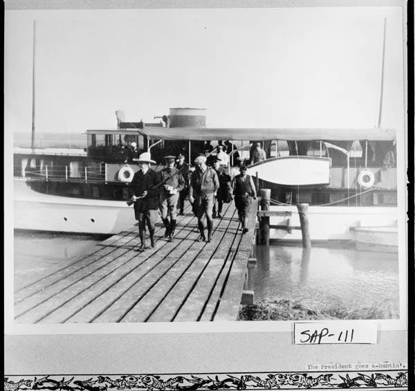 The Presidential hunting party disembarks from the Zapala, which would consider Georgia its home base for fourteen years, 1927-1941. 