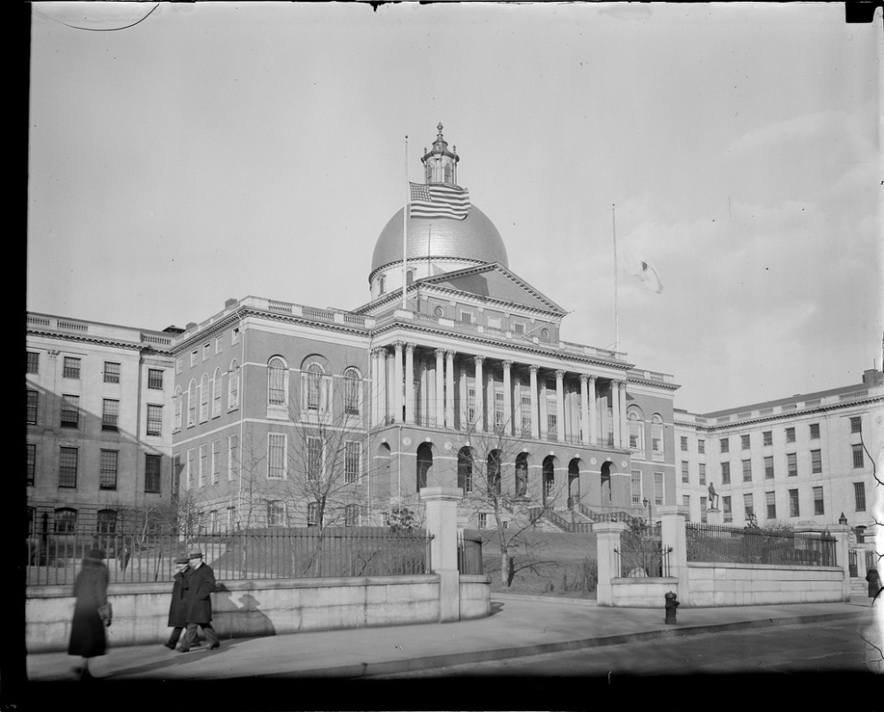 Massachusetts State House, flags lowered at half-mast in honor of the late former President Coolidge, January 1933 