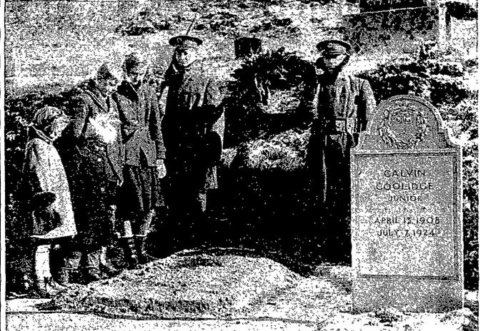 Children standing respectfully beside the grave of Calvin Coolidge, Plymouth Notch. Notice there is not yet a stone in place. 