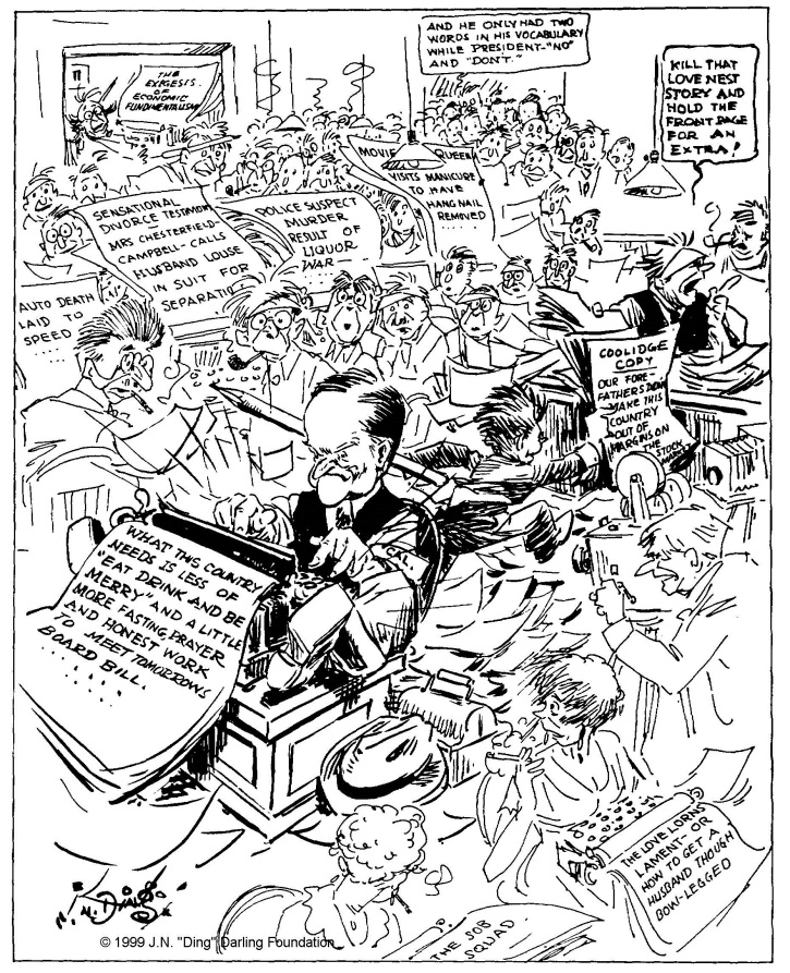 "The New Editor Goes to Work" by Jay "Ding" Darling, as former President Coolidge joined the editorial room as a daily columnist in the summer of 1930. 