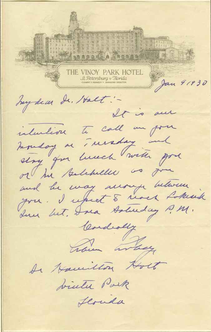 Coolidge letter to the President of Rollins College, Mr. Holt, written on January 9, 1930, on Vinoy stationary. The Coolidges would visit Rollins during their stay in Florida. 