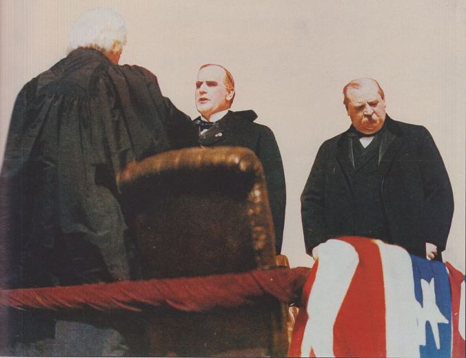 Outgoing President Cleveland at the inauguration of incoming President McKinley as Chief Justice Melville Fuller administers the oath, March 1897. 
