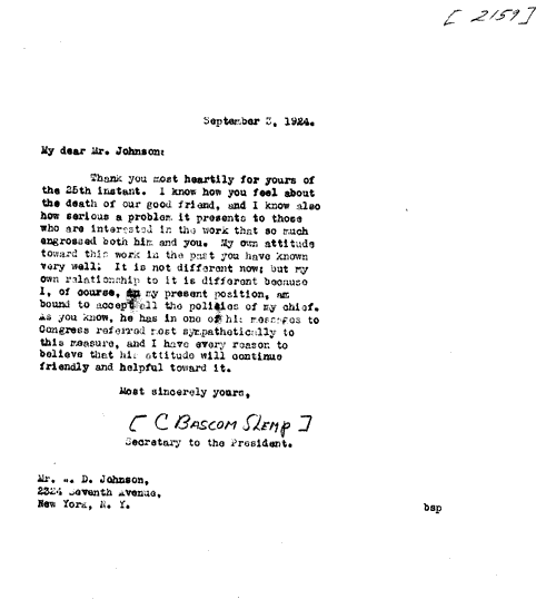 A letter dated September 3, 1924 from C. Bascom Slemp to W. D. Johnson of New York, concerning fears about his as well as Coolidge's resolve when it comes to racial conflict. Slemp, loyal to his chief despite having voted against the Dyer bill back in 1922 as a Congressman writes of Coolidge, "he has in one of his messages to Congress referred most sympathetically to this measure, and I have every reason to believe that his attitude will continue friendly and helpful toward it." Indeed, it did. A fascinating chain of correspondence (including this document) can be found at http://lcweb2.loc.gov/cgi-bin/ampage. "Prosperity and Thrift: The Coolidge Era and the Consumer Economy, 1921-1929" 