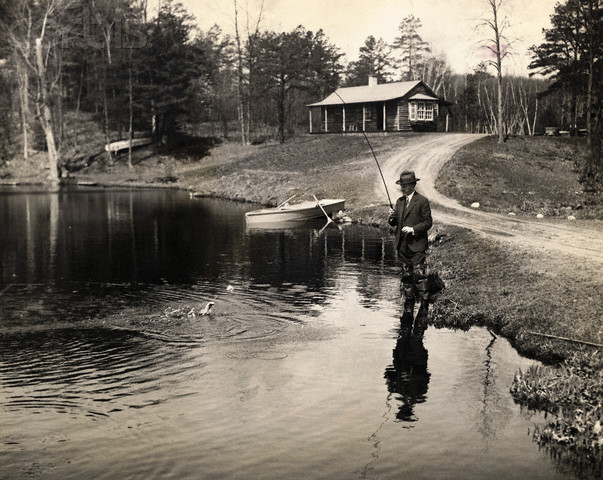 The President fishing next to the Cabin on the Brule River, Wisconsin, summer of 1928
