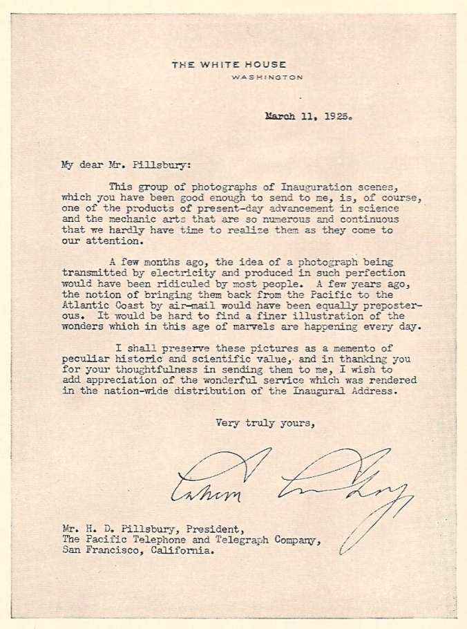 President Coolidge's letter reproduced in William P. Banning's book, Commercial Broadcasting Pioneer: The WEAF Experiment 1922-1926. Cambridge: Harvard University Press, 1946, between pages 270 and 271. 