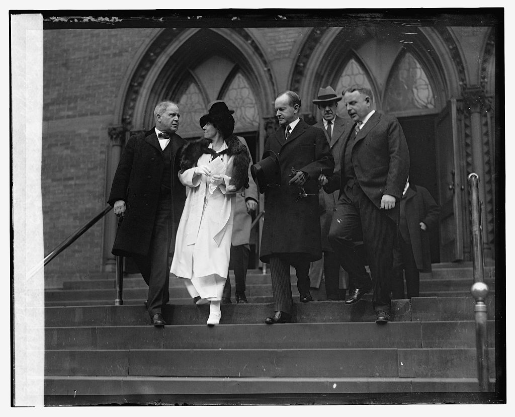 The Coolidges leaving church services at First Congregational, 1924