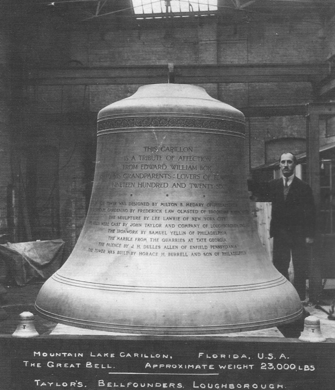The Great Bell, the largest of sixty bells housed in Bok Tower from a picture taken in 1928 in England, where it was cast to be transported across the Atlantic and over rails to its place as the centerpiece of Bok's musical assembly. 