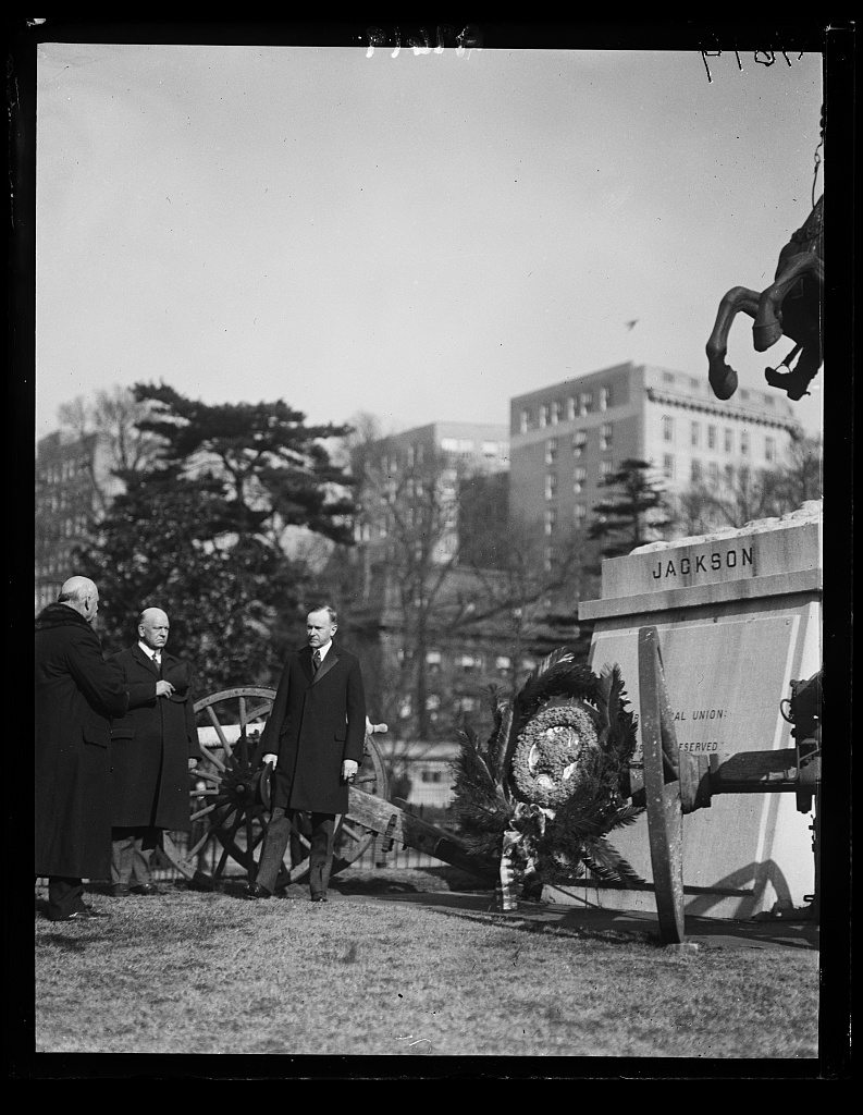 President Coolidge presenting a wreath at the Jackson Memorial in Lafayette Park, January 1924. 
