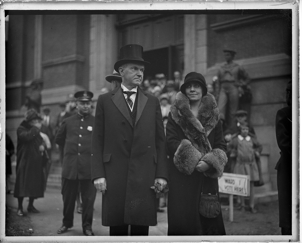 The Coolidges, in retirement, out to vote on election day, 1932. It would be his last in 39 years of civic participation. 