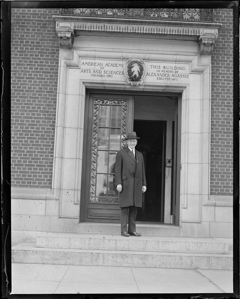 Coolidge present for the bi-annual meeting of the American Antiquarian Society, this time held outside Academy of Arts and Sciences, 28 Newbury Street, April 15, 1931. 