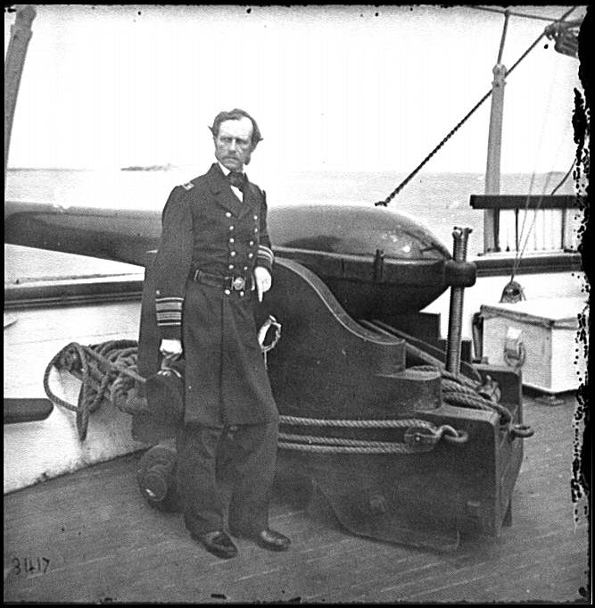 Admiral John A. Dahlgren, beside one of his inventions, a 50-pounder Dahlgren rifle. His "soda bottle" design ensured greater safety and accuracy in artillery operation. 