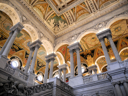 A view up the stairs in the Great Hall of the Library of Congress 