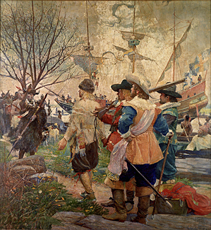 "Landing of the Swedes" by Stanley M. Arthurs, depicting the first contact in 1638 between Swedish settlers and Delaware Indians along the Christina River in what is now Wilmington. 