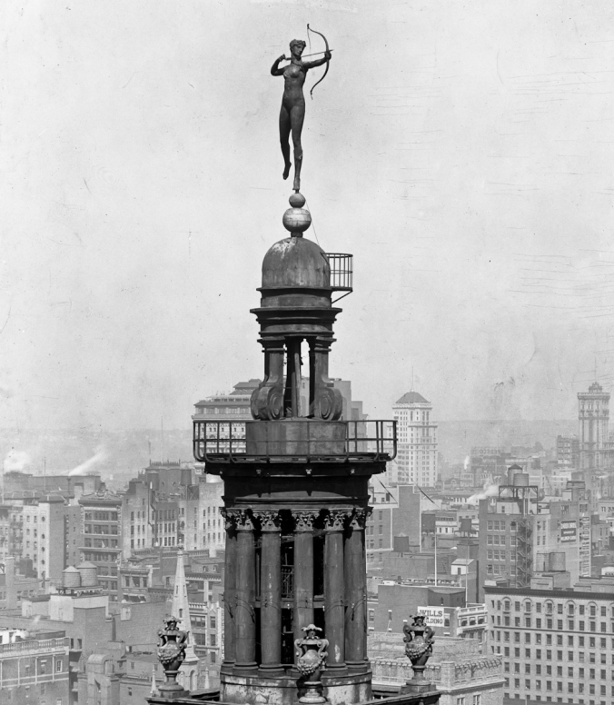 Here is the very controversial statue of Diana the huntress at the pinnacle of the Madison Square Gardens' tower. It was designed by none other than the great Augustus Saint-Gaudens. Concerns over the modesty (or lack thereof) of the design caused quite an uproar for many years. A cloth was manufactured to cover the statue but it soon blew away. Interestingly, Diana now resides with the Philadelphia Museum of Art, given in 1932 by the owners of the old Garden location, New York Life Insurance Company. 