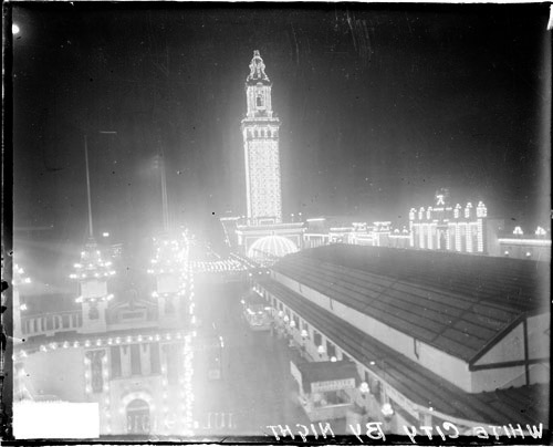 A night snapshot of "White City" with its famous tower, a landmark visible up to fifteen miles away. In his mention of this turn-of-the-century amusement park, Coolidge lauds one very specific quality of that site: the inspiration it fostered in those "who had the good fortune to visit it" of a desire to beautify surroundings nation-wide. Coolidge was keenly aware that many had never been there and yet, as with so many things, Coolidge appealed to ideals, to what could and should be, not merely settling for what is. 