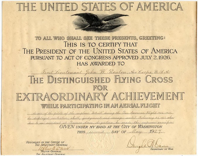 Lieutenant John W. Benton's Distinguished Flying Cross citation, May 2, 1927, representative of what was given by President Coolidge to the aviators of the Goodwill flight that day. 