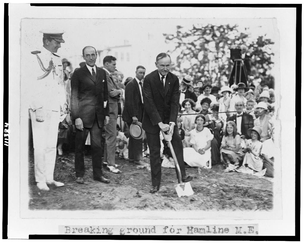 Coolidge breaking ground for the Hamline Methodist Episcopal Church in Philadelphia, 1924. 