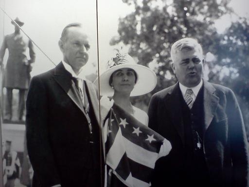 The Coolidges with Minnesota Governor Theodore Christianson in front of Colonel Colvill's memorial, July 29, 1928 