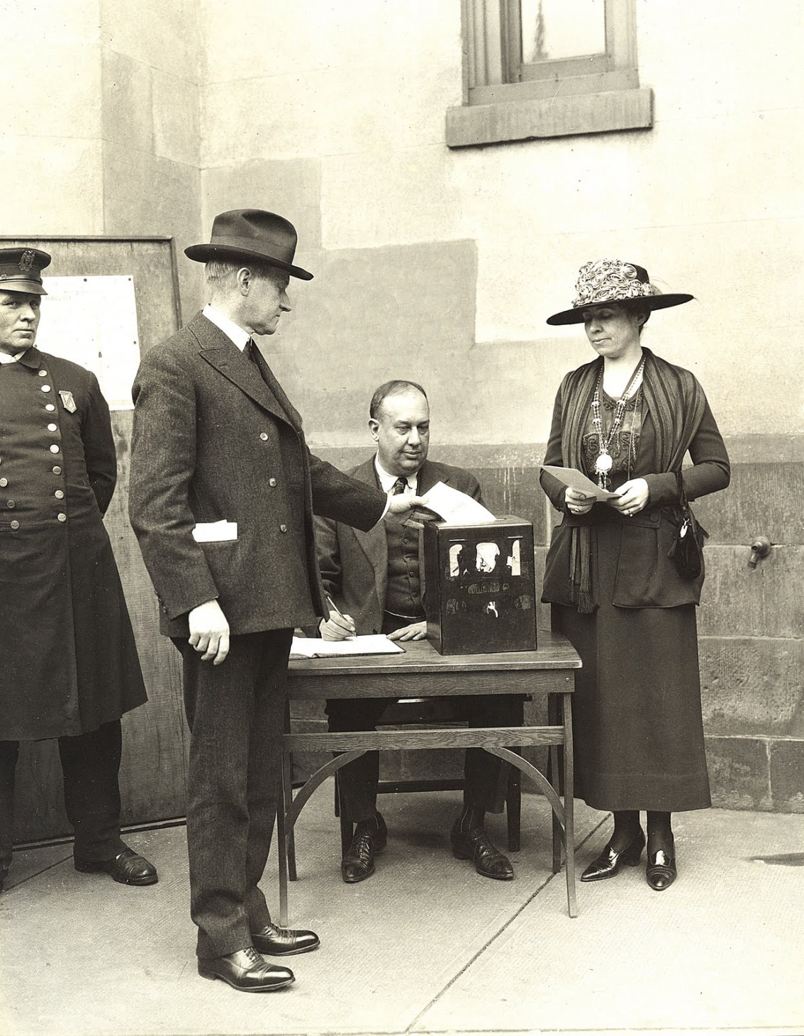 The Coolidges vote together, November 2, 1920. The Nineteenth Amendment, ratified in August of 1920, recognized suffrage for women nationwide and enabled Grace to join her husband and to cast her ballot for the first time. 