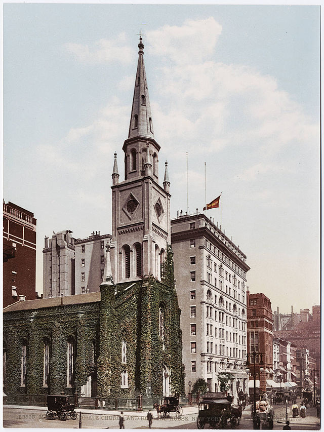A postcard view of the Marble Collegiate Reformed Church building, Manhattan, where Jason Noble Pierce eulogized young Calvin Coolidge Jr. the first Sunday after his death. 