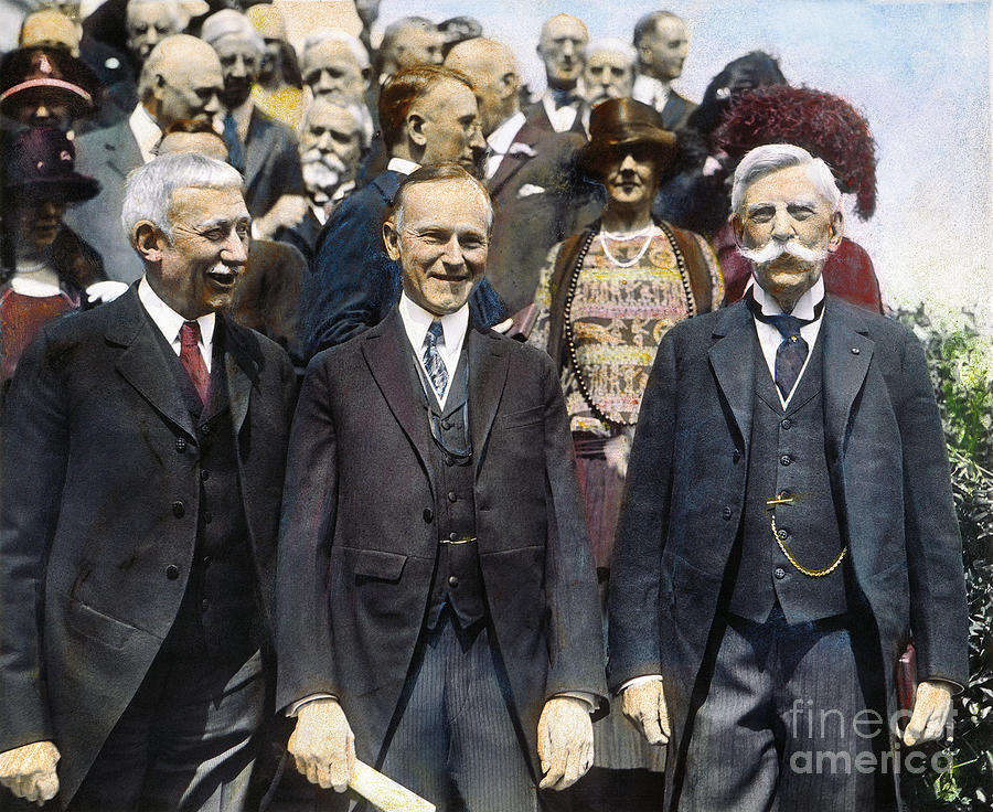 President Coolidge in color, flanked by elder statesman-diplomat Elihu Root and Justice Oliver Wendell Holmes. Courtesy of Granger from Fine Art America. 