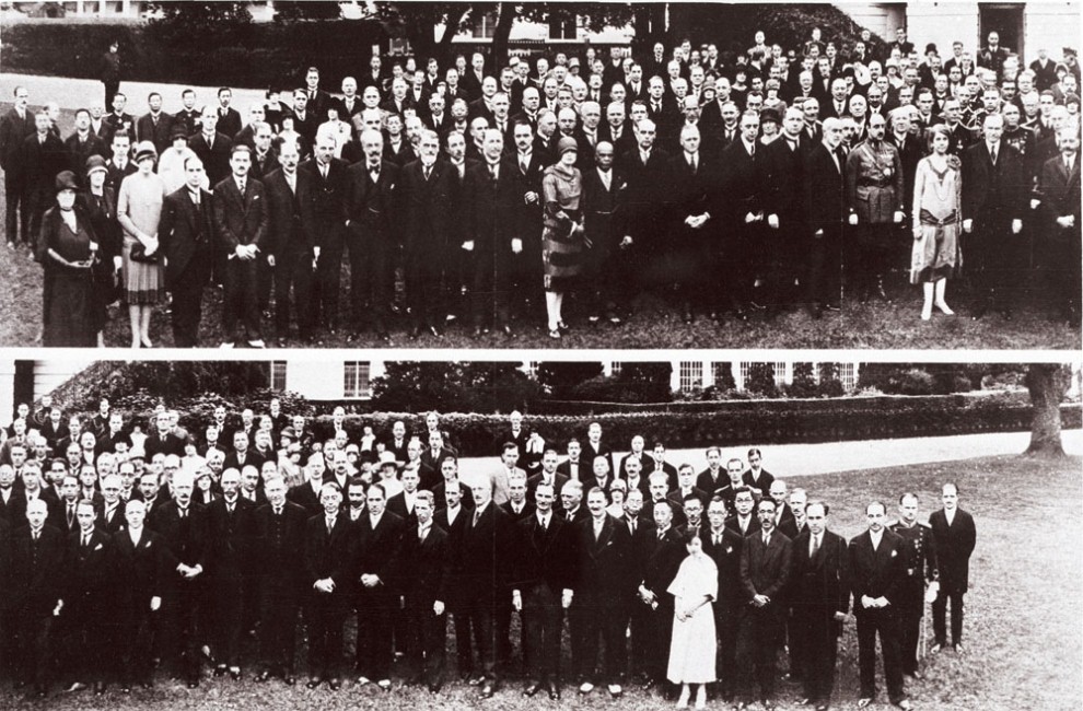 The delegates of the International Radiotelegraphic Conference, October 4, 1927, split in two photographs. Notice who stands in their midst in the top shot: President and Mrs. Coolidge. 