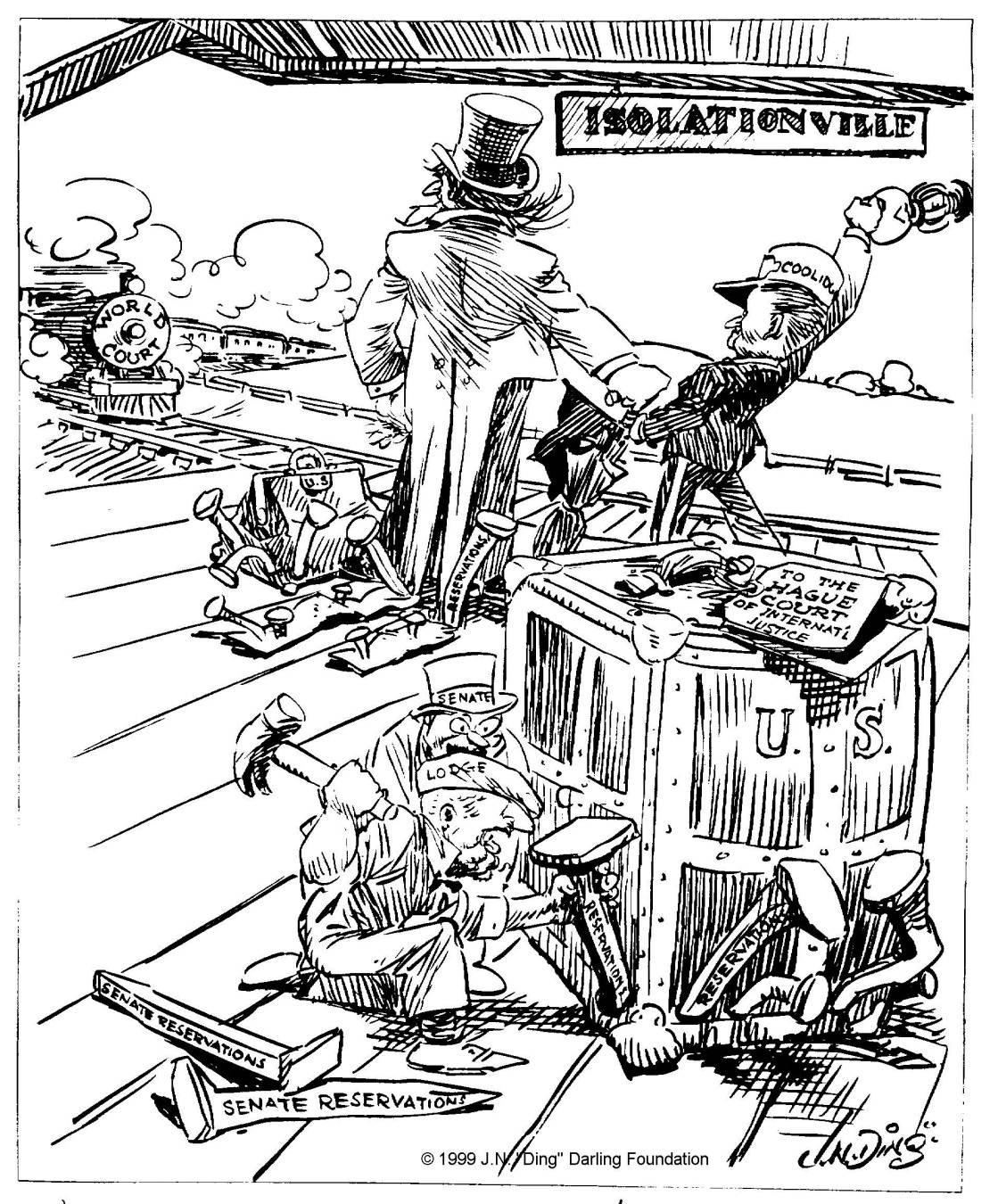 "Begins to look as if we never would get out of this jerkwater town" cartoon by "Ding" Darling, The Des Moines Register, May 26, 1924. 