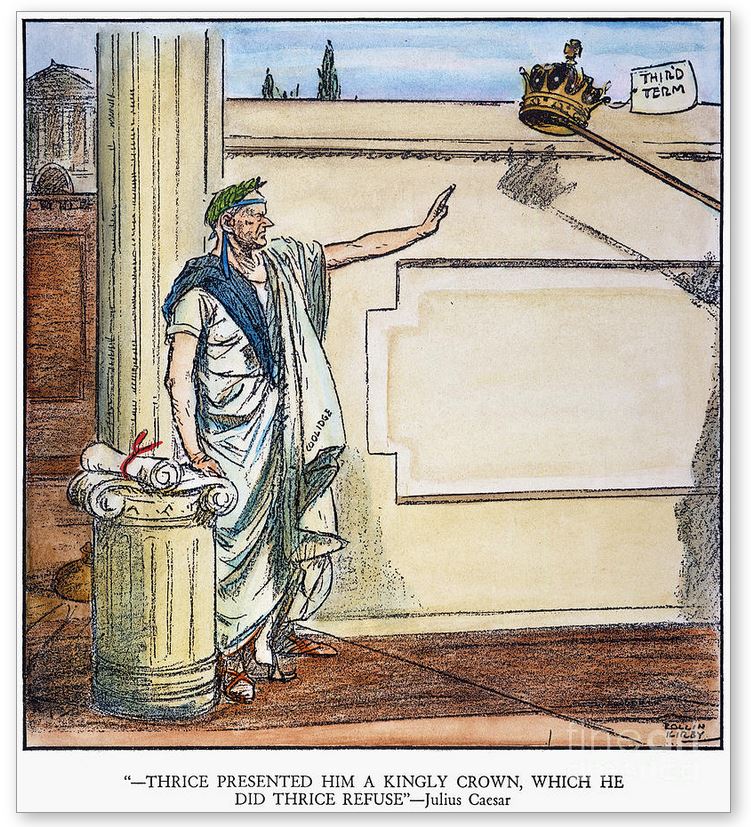 Political illustration depicting Coolidge, in the tradition of Roman republicans from Cincinnatus onward, after his steadfast refusal to extend his executive powers for another four years. Coolidge resolved instead to leave public office, lay down the mantle of authority and step out of the limelight for others chosen by the American people to succeed him. Cartoon by Rollin Kirby appearing in The New York World, March 24, 1928. 