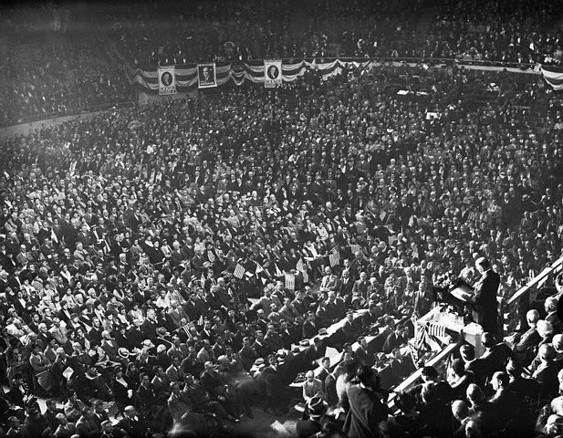 Former President Coolidge addressing Americans gathered at Madison Square Garden, October 11, 1932. 