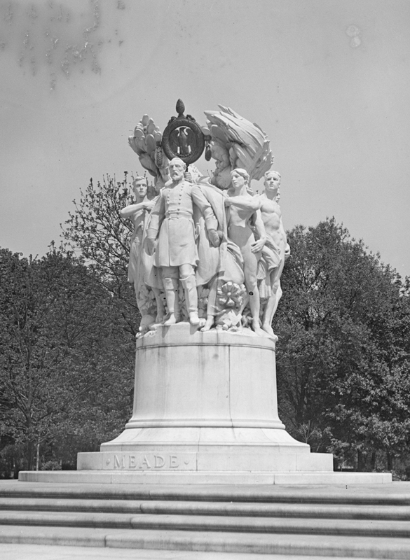 The George Gordon Meade Memorial before highway construction required its removal and relocation to its current location in front of the Federal Courthouse in Washington. Sculpted by Charles Grafly, the statue of General Meade is flanked by six allegorical figures, with Loyalty to his right and Chivalry to his left, they include Fame, Progress, Military Courage, and Energy, what the artist believed comprised greatness in a general. The gold finial above Meade's head bears the seal of the state of Pennsylvania. Courtesy of Histories of the National Mall. 