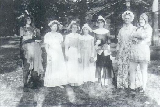 Before the famous headdress shot as President, Mr. Coolidge furnished the part of Indian at the "Wildwood" Pageant for Thanksgiving in 1911. Notice Grace and John, as Pilgrims, stand third and fourth from the right, opposite Cal. He apparently scared his mother-in-law with his appearance upon peering in the window of their Northampton home. Photo courtesy of James M. Parsons. Parson's book "Northampton," part of the Images of America series from Arcadia Publishing, 1996, p.79. 