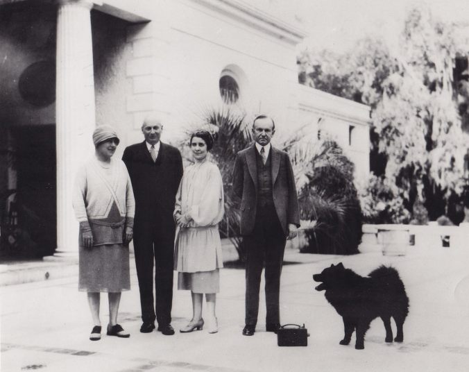 Matilda and Howard Coffin with Grace and Calvin Coolidge at their home on Sapelo Island. Tiny Tim stands beside the President. 