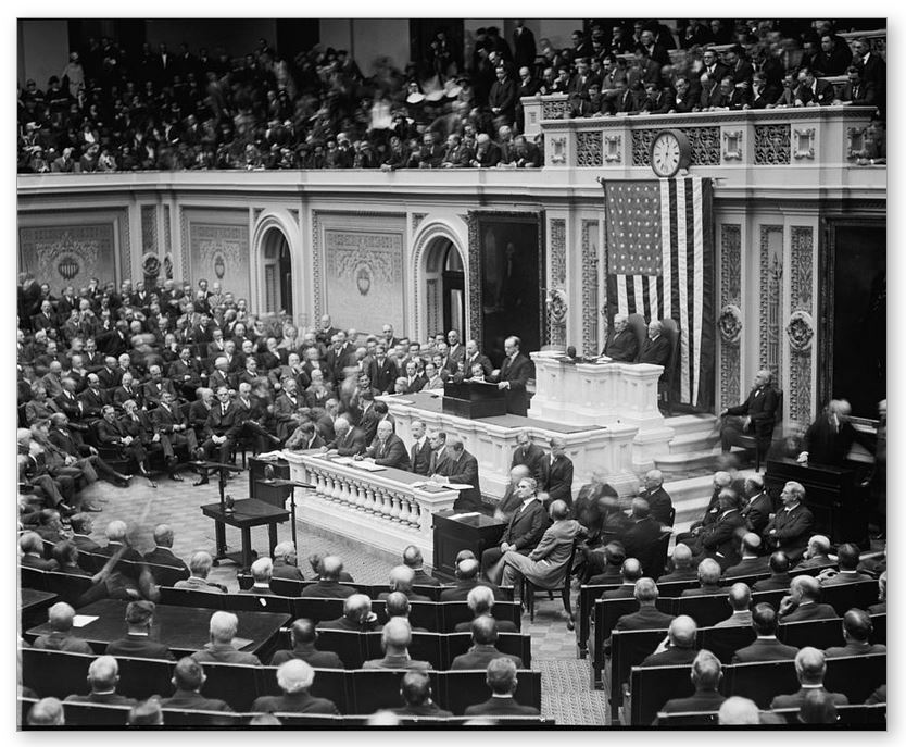 The President delivering his first Annual Message before the Congress, December 6, 1923. This continued the tradition established by President Washington and revived by Wilson and Harding to appear in person. However, this is the only occasion he did so. The rest of his tenure saw a written Message sent to Congress. This first time, however, was used to great effect, making possible a number of the proposals he saw come to fruition during his administration. 