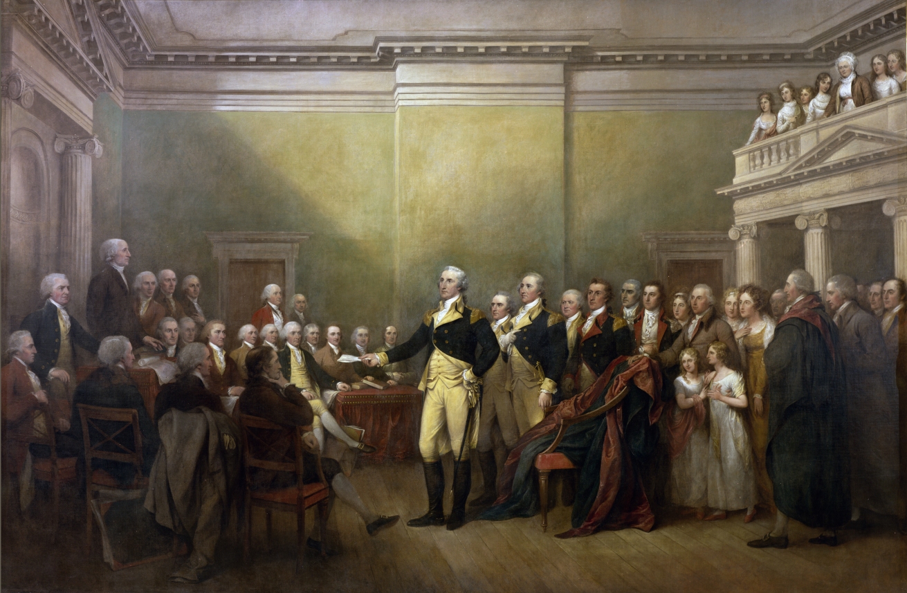 General Washington resigns his commission and returns to the work of peace, December 23, 1783. Painting by John Trumbull, 1817. 