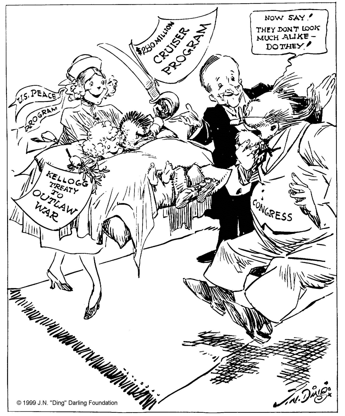 "Presenting him with twins," by "Ding" Darling, The Des Moines Register, November 28, 1928. Despite the cartoonist's not-so-veiled criticism at perceived inconsistency between these twin policies advanced by Coolidge, Cal reminds us that peace and adequate defense go hand-in-hand. One does not undermine the other. Cartoon courtesy of the Ding Darling Foundation. 