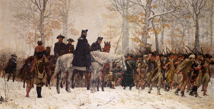 "The March to Valley Forge," where Washington and his men suffered the bitterest, harshest winter yet through December 1777. Painting by William Trego, 1883. 