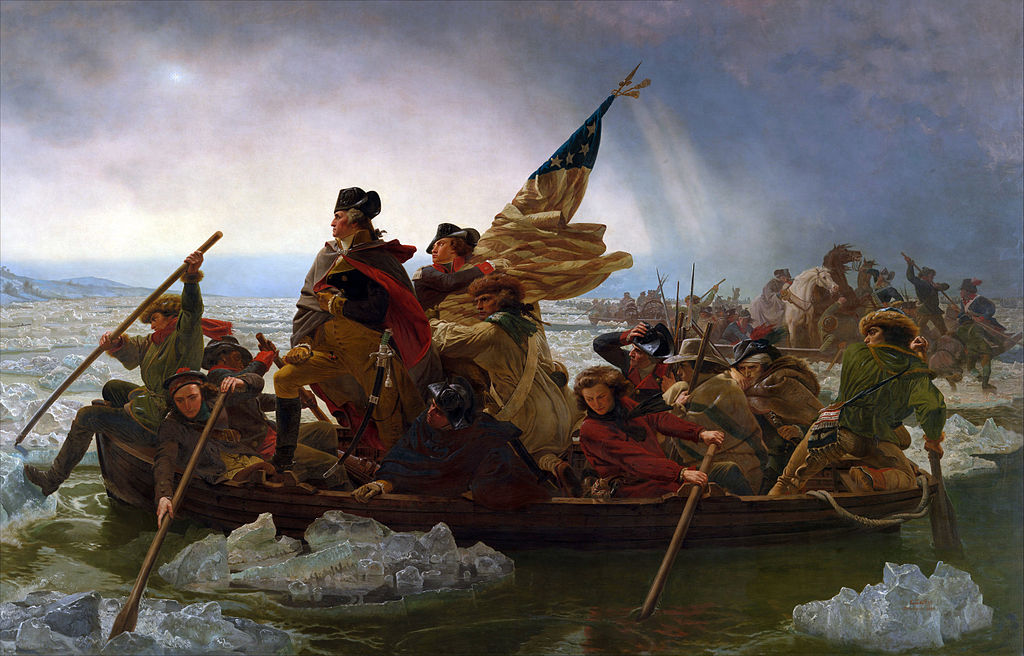 Artistic rendering of Washington making his night of December 25-26th crossing of the Delaware River, the first rapid maneuver that would catch the Hessian forces camped at Trenton by surprise. The painting, done by Emanuel Leutze in 1851 features inaccuracies, the foremost being the daylight and the presence of the American flag not adopted until the following year but it remains one of the most recognizable paintings ever produced. By crossing the river, Washington seized a momentum that would begin a turning of the tide for the American cause. It would eventually lead to the surrender of Burgoyne at Saratoga the next year. 