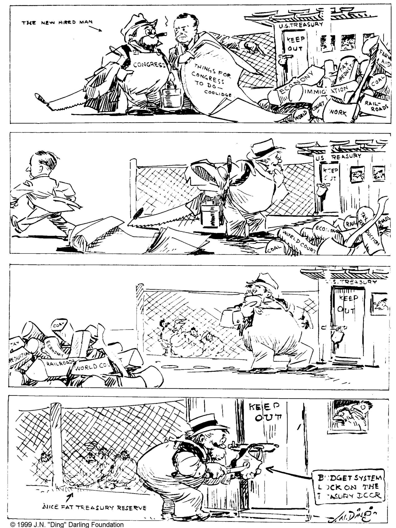 "And the first thing he tackled was the lock on the chicken coop," by "Ding" Darling, The Des Moines Register, December 11, 1923. Courtesy of the Darling Foundation and the University of Iowa. 
