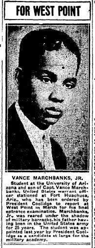 Newspaper article from 1926 featuring the appointment of young cadet Van Marchbanks, Jr., to West Point by President Coolidge. 