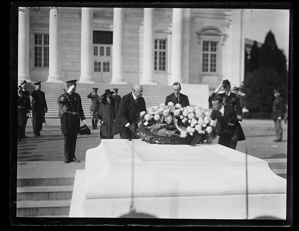 President Coolidge flanked by Secretary Weeks and Assistant Secretary Theodore Roosevelt, Jr., at the Tomb of the Unknown Soldier, 1923. 