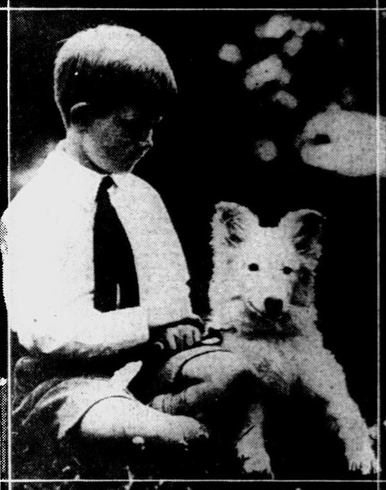 Robert Scripps posing with Diana/Calamity Jane in Rapid City, as they present the dog to the President, July 1927. 