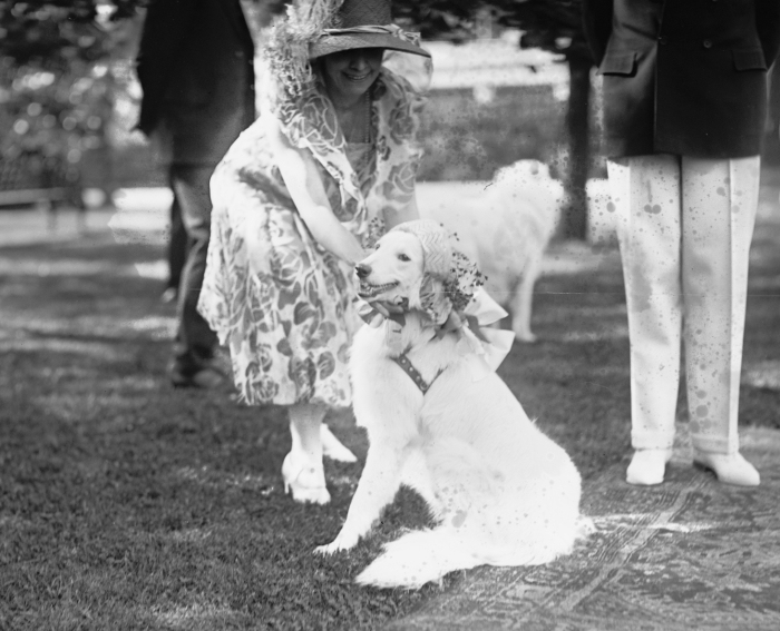 First Lady Grace Coolidge dressing Prudence Prim in her garden party bonnet for the veterans on the White House lawn. 