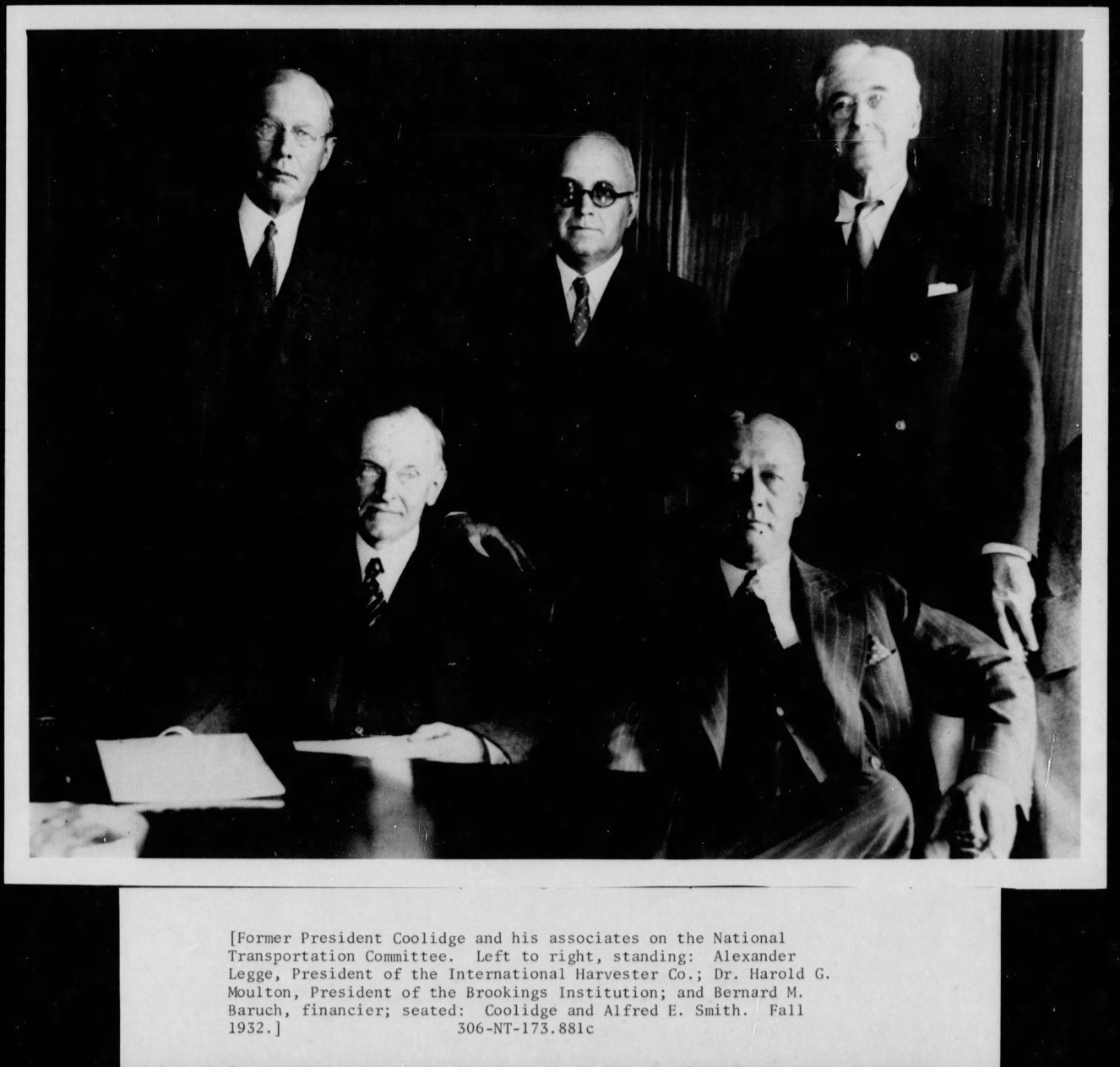 Mr. Coolidge was selected to chair the National Transportation Committee after his service in the White House but he warns fellow member Mr. Baruch against where committee proposals could very easily go, if allowed to do so. Photo courtesy of the National Archives. 