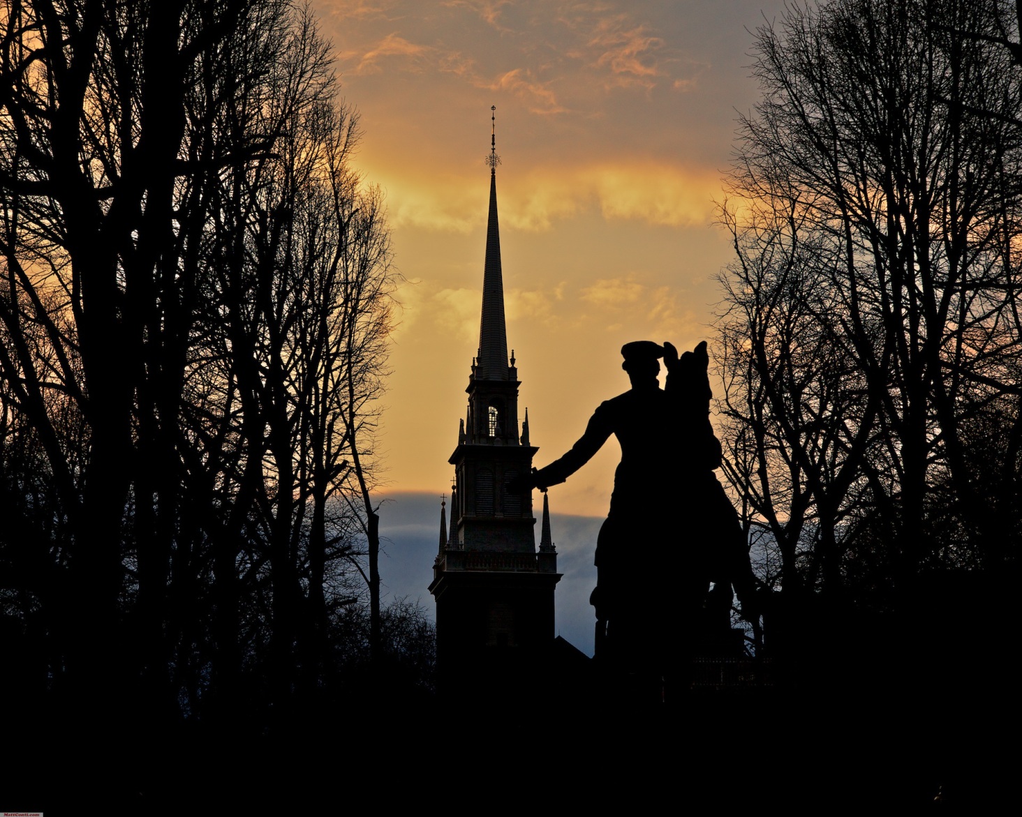 Old North Church with the statue of Paul Revere in silhouette. Photo courtesy of Matt Conti. 
